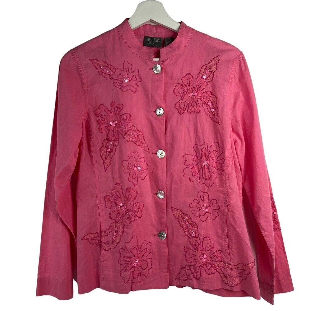 Chico's Size 0 S Shirt Embroidered Sequin Button Front Pink Long Sleeve Pockets